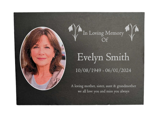 Photo Slate Memorial Plaque, Snowdrop, Add a Portrait & Personalised Text | 35×25cm (14×10”)