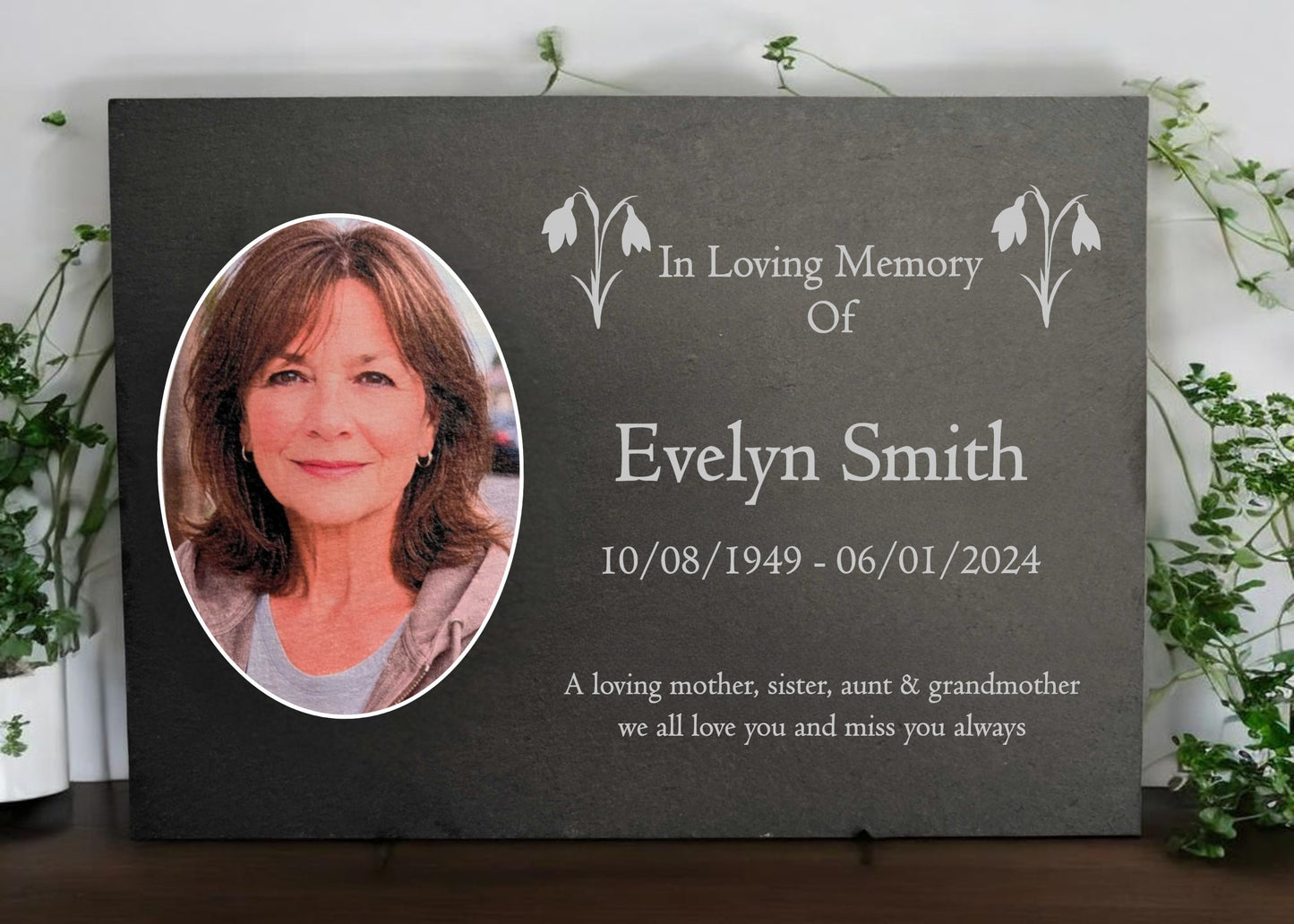 Photo Slate Memorial Plaque, Snowdrop, Add a Portrait & Personalised Text | 35×25cm (14×10”)