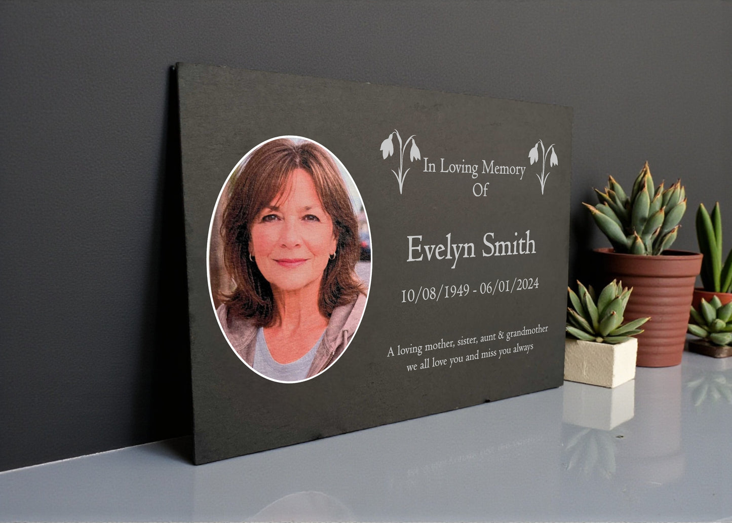 Photo Slate Memorial Plaque, Snowdrop, Add a Portrait & Personalised Text | 35×25cm (14×10”)