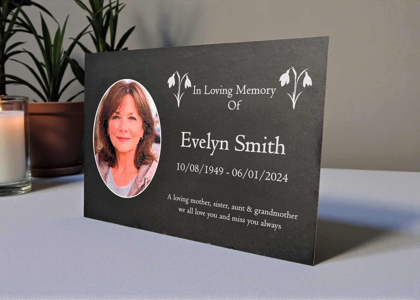 Photo Slate Memorial Plaque, Snowdrop, Add a Portrait & Personalised Text | 35×25cm (14×10”)