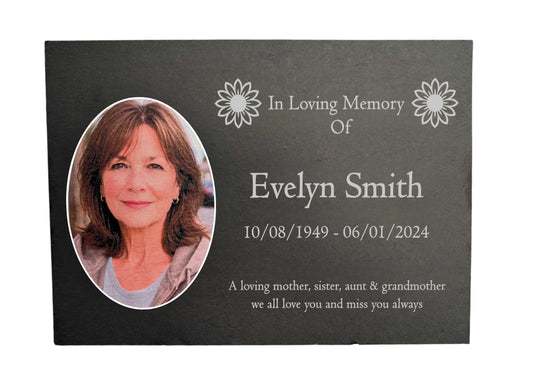 Photo Slate Memorial Plaque, Sunflower, Add a Portrait & Personalised Text | 35×25cm (14×10”)
