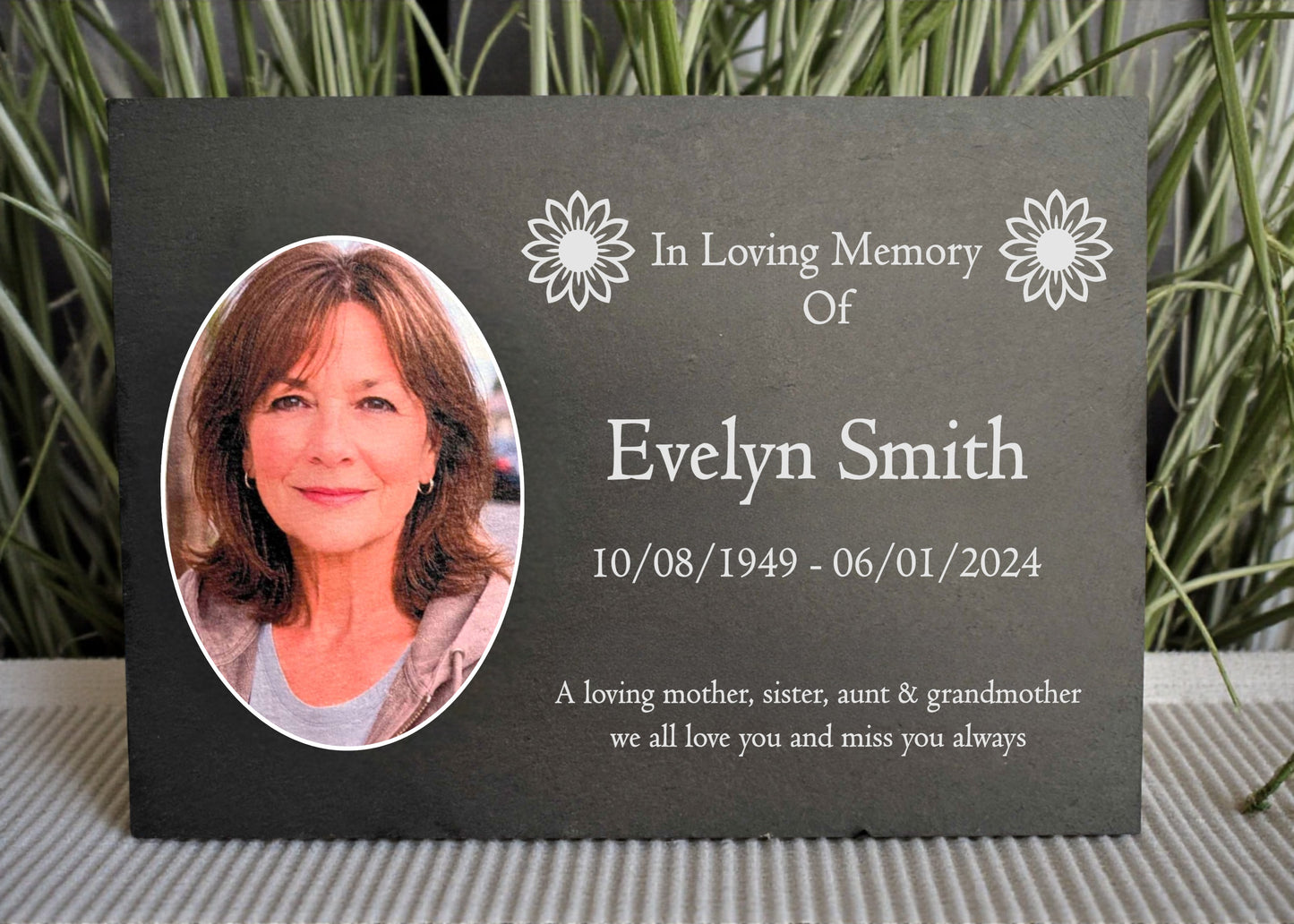 Photo Slate Memorial Plaque, Sunflower, Add a Portrait & Personalised Text | 35×25cm (14×10”)