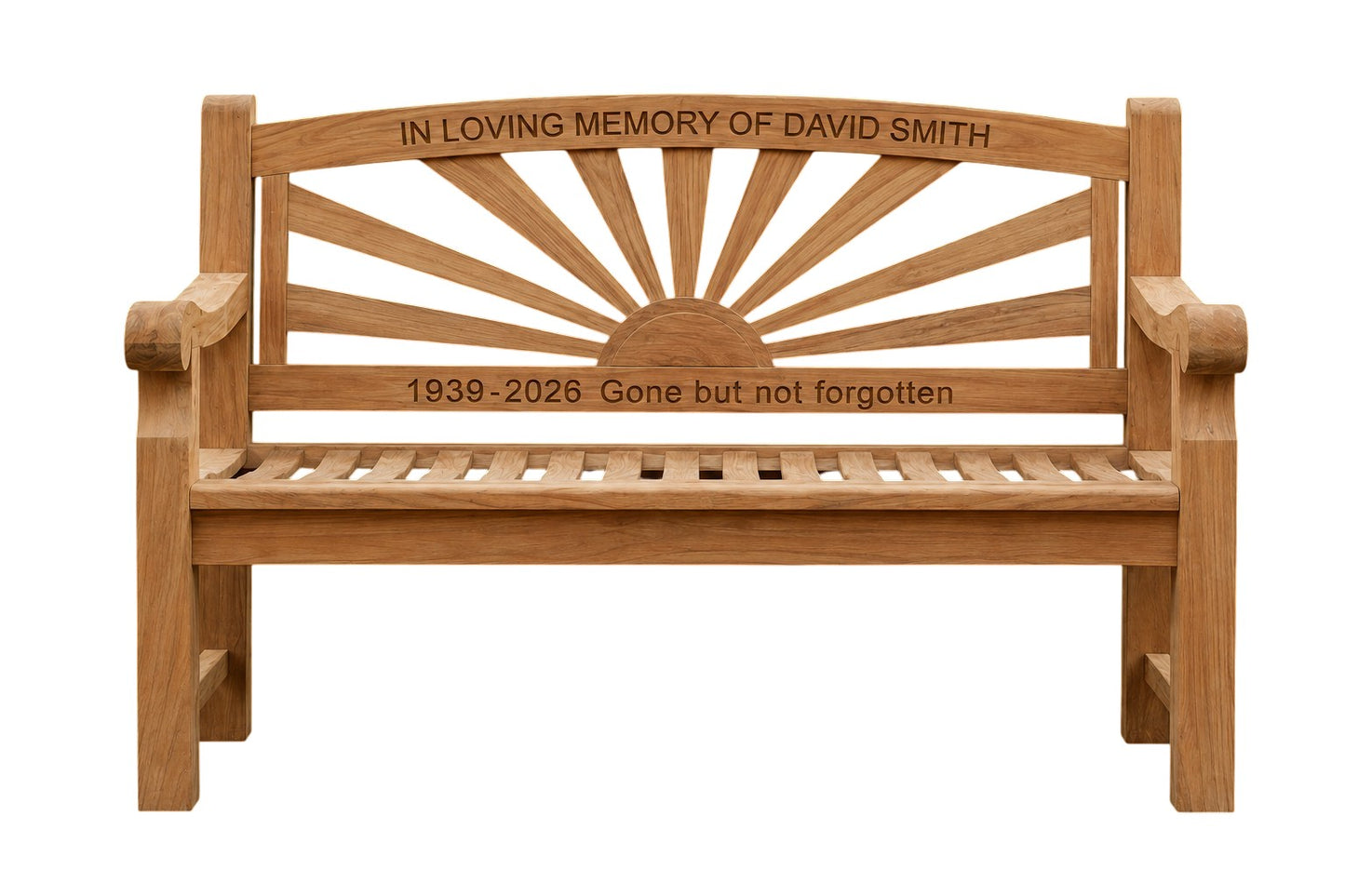 Premium Chunky Teak Sunrise Memorial Bench, Add Your Personal Engraving