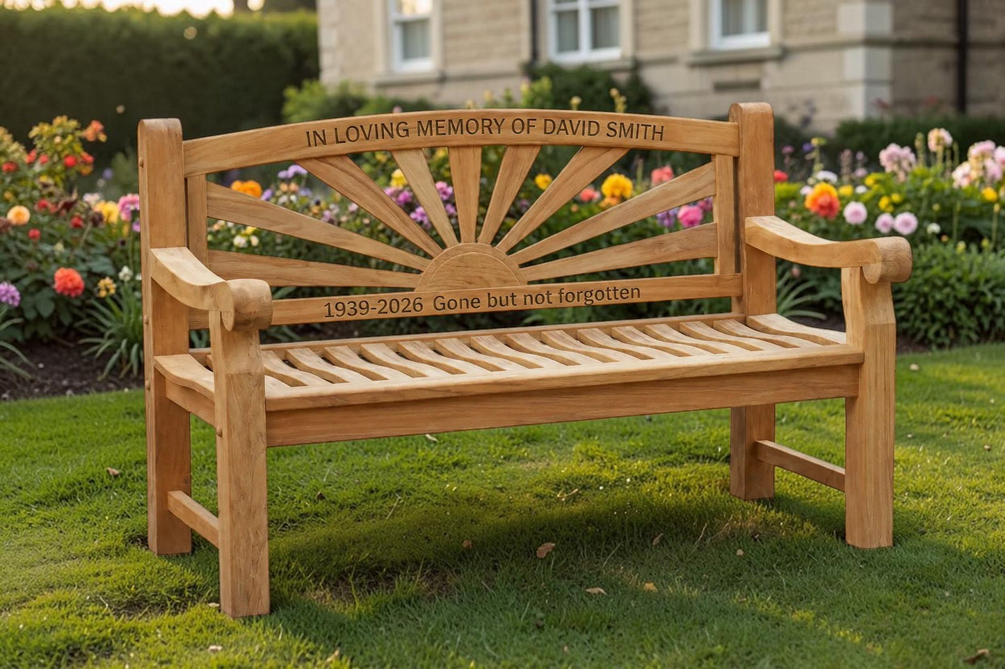 Premium Chunky Teak Sunrise Memorial Bench, Add Your Personal Engraving
