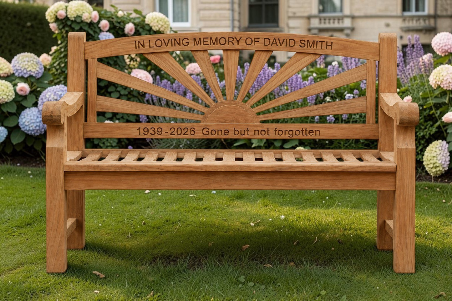 Premium Chunky Teak Sunrise Memorial Bench, Add Your Personal Engraving