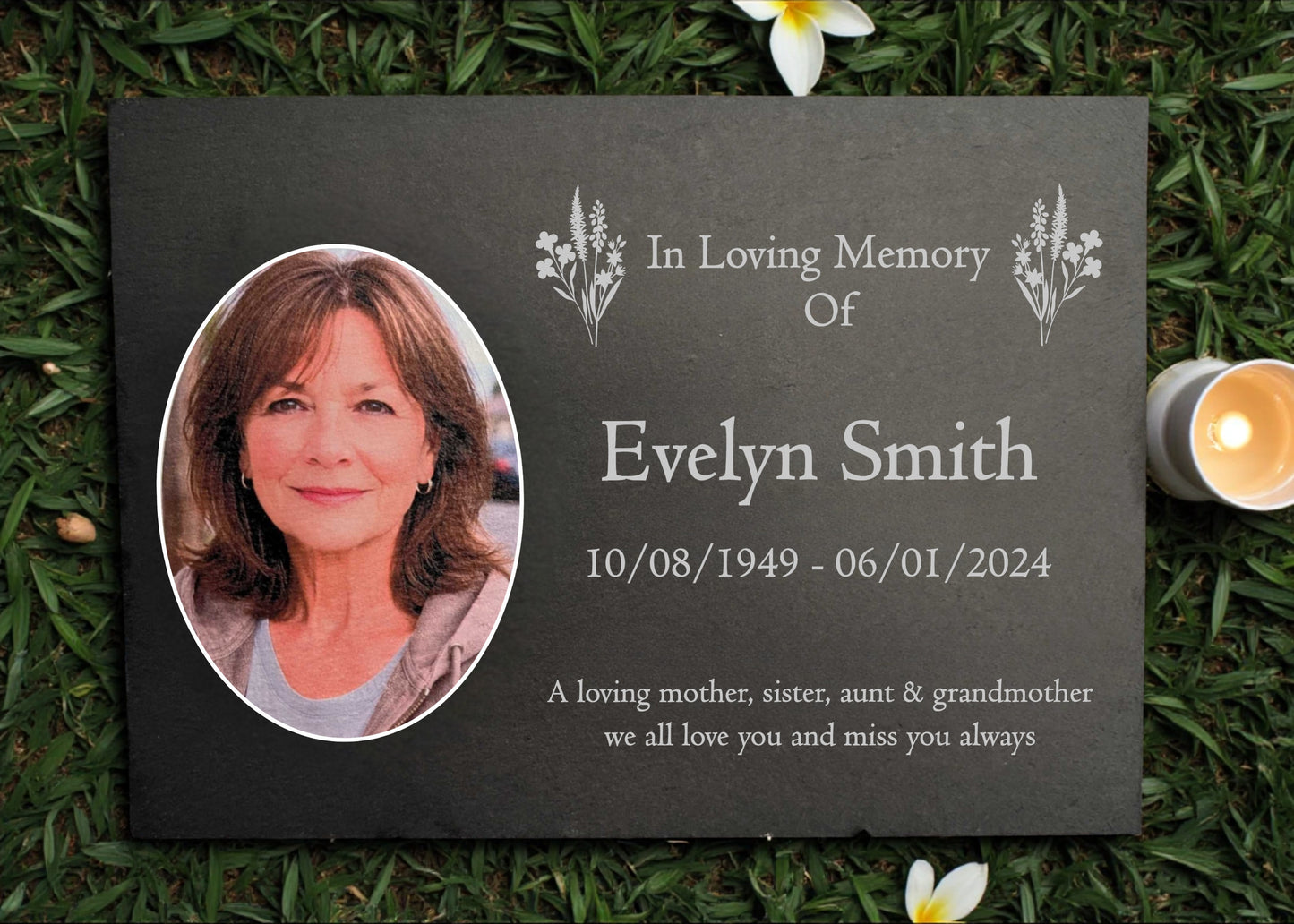 Photo Slate Memorial Plaque,  Wildflowers, Add a Portrait & Personalised Text | 35×25cm (14×10”)