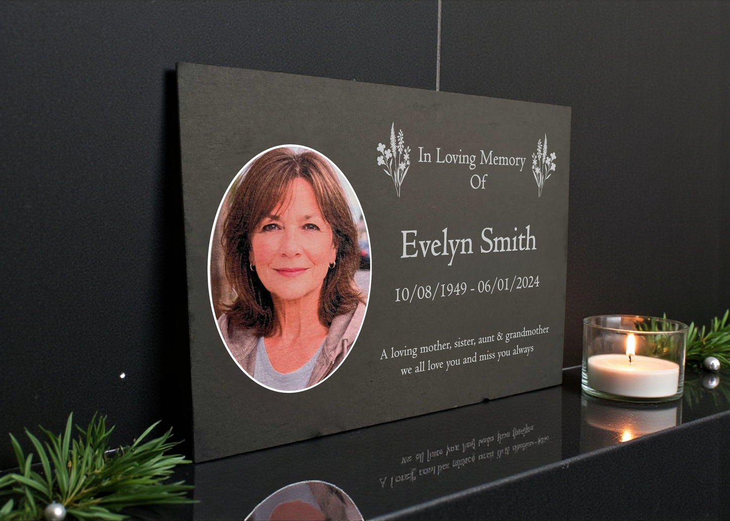 Photo Slate Memorial Plaque,  Wildflowers, Add a Portrait & Personalised Text | 35×25cm (14×10”)