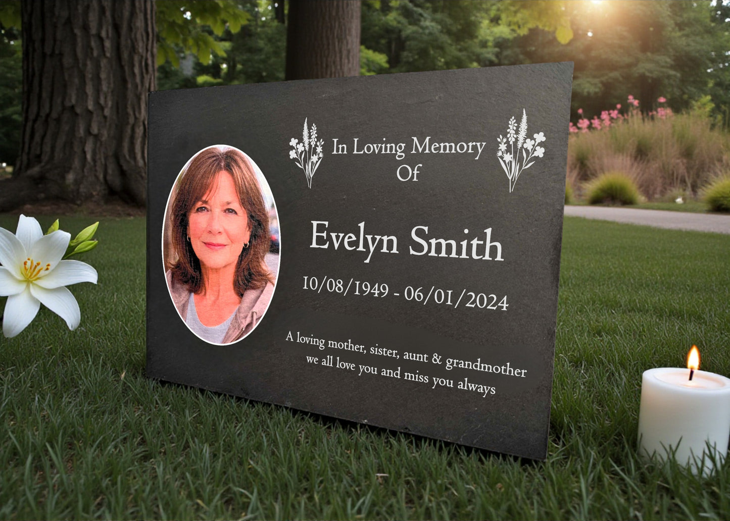 Photo Slate Memorial Plaque,  Wildflowers, Add a Portrait & Personalised Text | 35×25cm (14×10”)